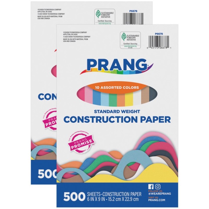 Prang® Construction Paper, Standard Weight, 10 Assorted Colors, 6" x 9", 500 Sheets Per Pack, 2 Packs