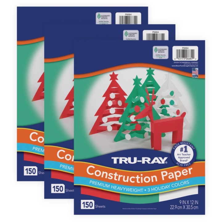 Tru-Ray® Construction Paper, Heavyweight, Holiday Assortment, 9" x 12", 150 Sheets Per Pack, 3 Packs