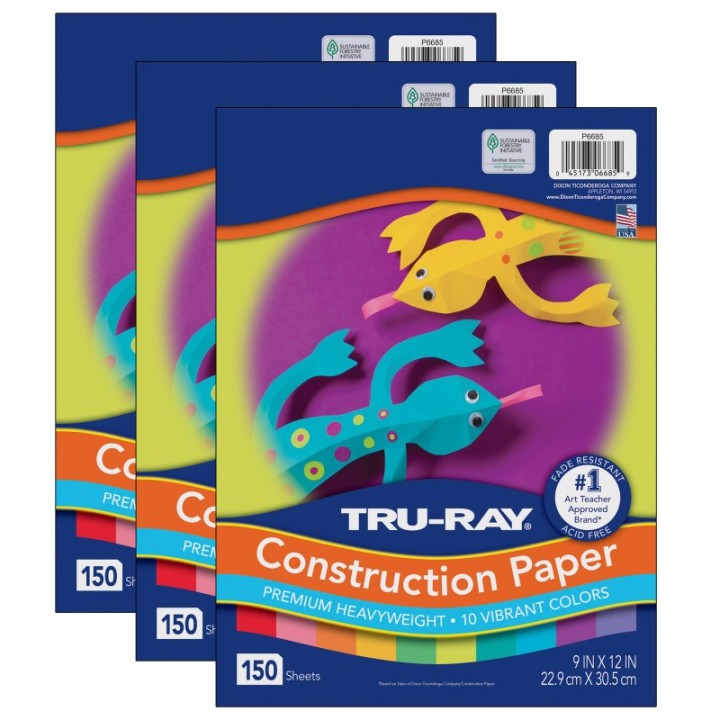 Tru-Ray® Construction Paper, Heavyweight, 10 Vibrant Colors, 9" x 12", 150 Sheets Per Pack, 3 Packs