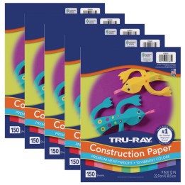 Tru-Ray® Construction Paper, Heavyweight, 10 Vibrant Colors, 9" x 12", 150 Sheets Per Pack, 5 Packs