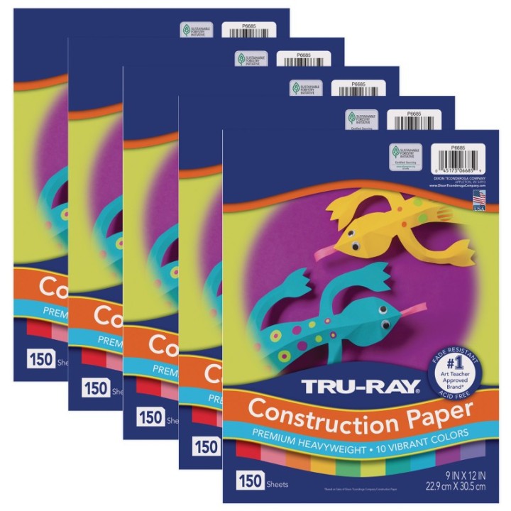 Tru-Ray® Construction Paper, Heavyweight, 10 Vibrant Colors, 9" x 12", 150 Sheets Per Pack, 5 Packs