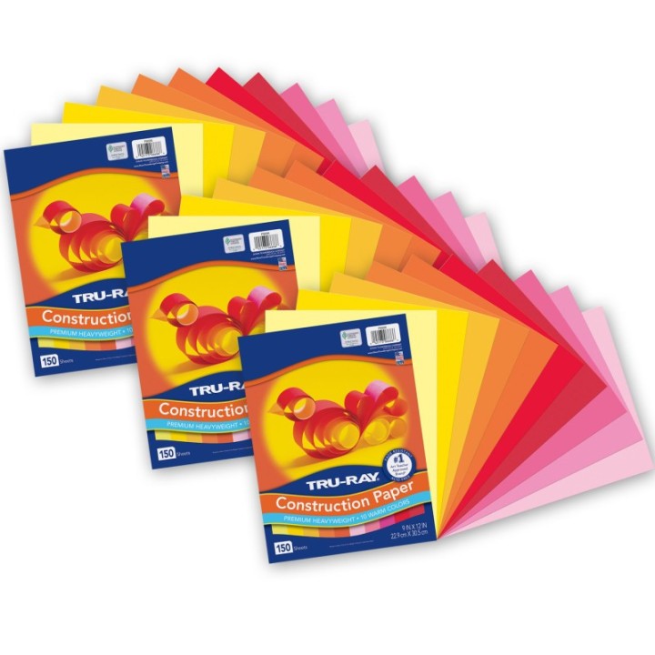 Tru-Ray® Construction Paper, Heavyweight, Warm Assorted, 9" x 12", 150 Sheets Per Pack, 3 Packs