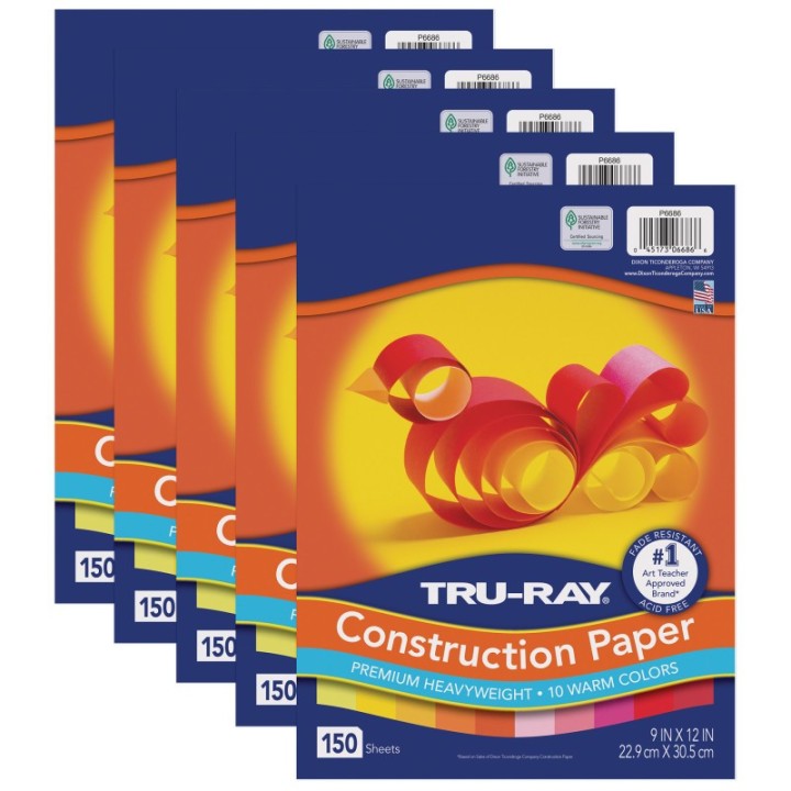Tru-Ray® Construction Paper, Heavyweight, Warm Assorted, 9" x 12", 150 Sheets Per Pack, 5 Packs