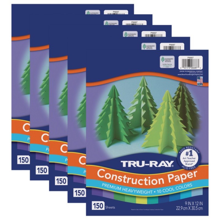 Tru-Ray® Construction Paper, Heavyweight, Cool Assorted, 9" x 12", 150 Sheets Per Pack, 5 Packs
