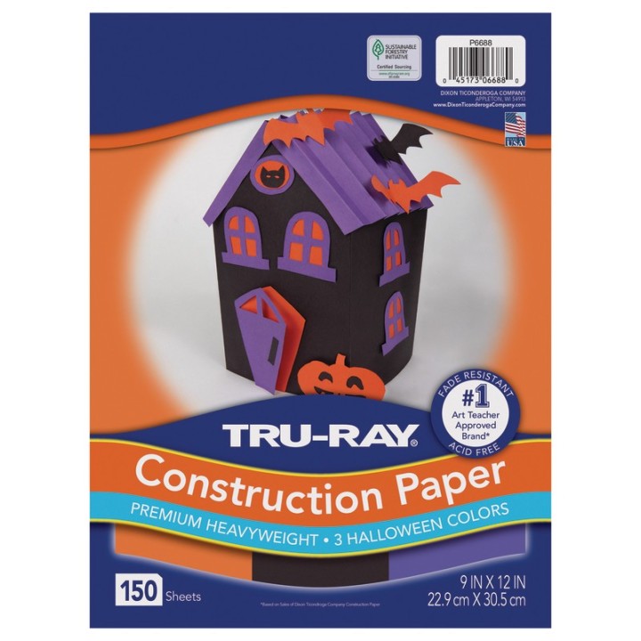 Tru-Ray® Construction Paper, Heavyweight, Halloween Assortment, Black, Orange, Purple, 9" x 12", 150 sheets