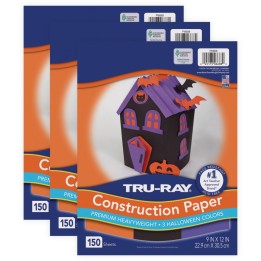 Tru-Ray® Construction Paper, Heavyweight, Halloween Assortment, Black, Orange, Purple, 9" x 12", 150 sheets Per Pack, 3 Packs