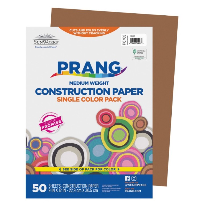 Prang® Construction Paper, Medium Weight, Brown, 9" x 12", 50 Sheets