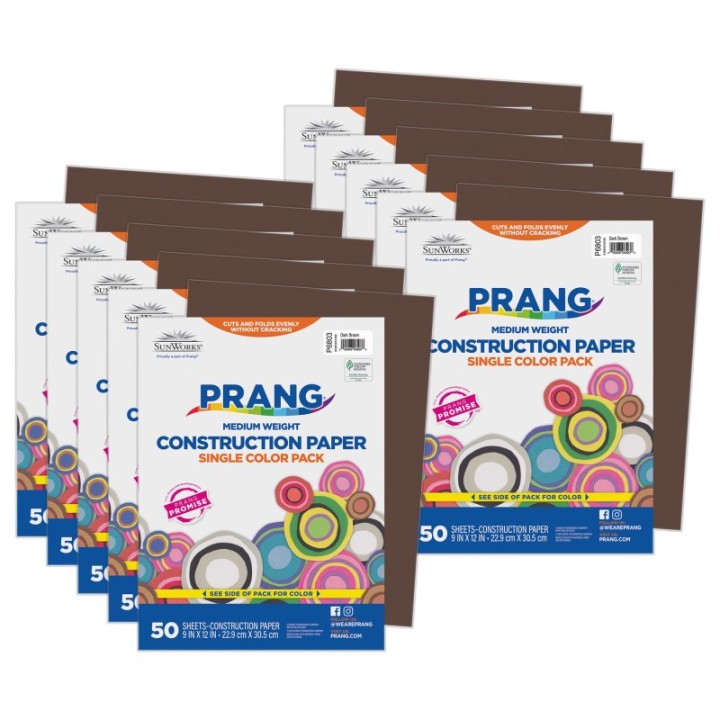 Prang® Construction Paper, Medium Weight, Dark Brown, 9" x 12", 50 Sheets Per Pack, 10 Packs