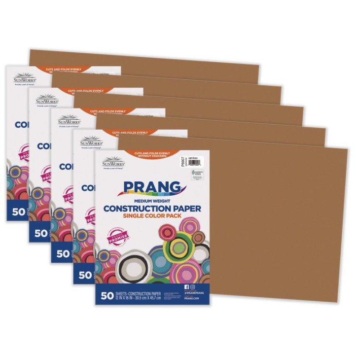 Prang® Construction Paper, Medium Weight, Light Brown, 12" x 18", 50 Sheets Per Pack, 5 Packs