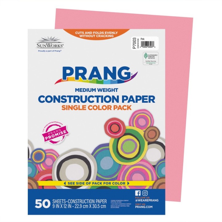 Prang® Construction Paper, Medium Weight, Pink, 9" x 12", 50 Sheets