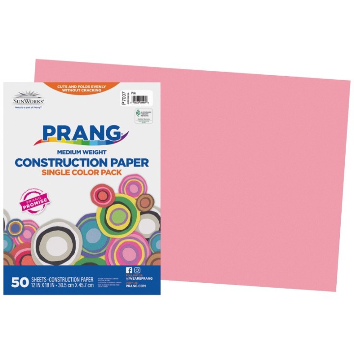 Prang® Construction Paper, Medium Weight, Pink, 12" x 18", 50 Sheets