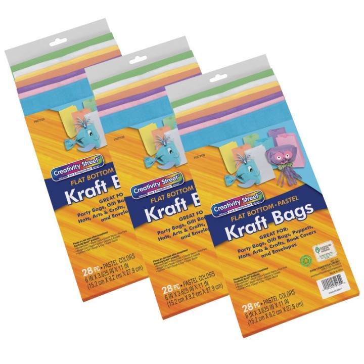 Creativity Street® Kraft Bag, Assorted Pastel Colors, 6" x 3-5/8" x 11", 28 Per Pack, 3 Packs