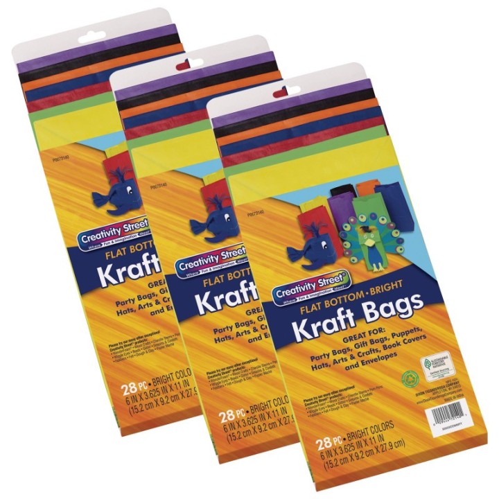 Creativity Street® Kraft Bag, Assorted Bright Colors, 6" x 3-5/8" x 11", 28 Per Pack, 3 Packs