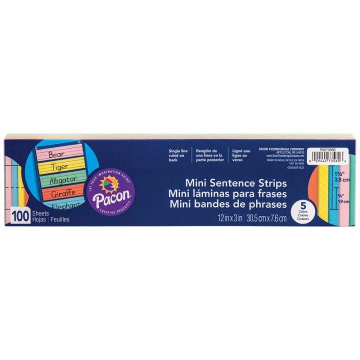 Pacon® Mini Sentence Strips, 5 Assorted Colors, 1-1/2" x 3/4" Ruled, 3" x 12", 100 Strips