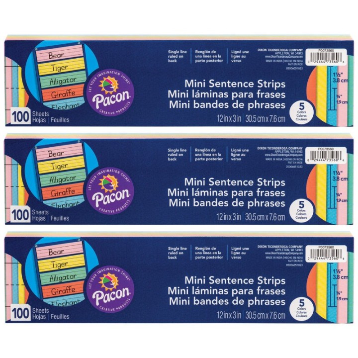 Pacon® Mini Sentence Strips, 5 Assorted Colors, 1-1/2" x 3/4" Ruled, 3" x 12", 100 Per Pack, 3 Packs