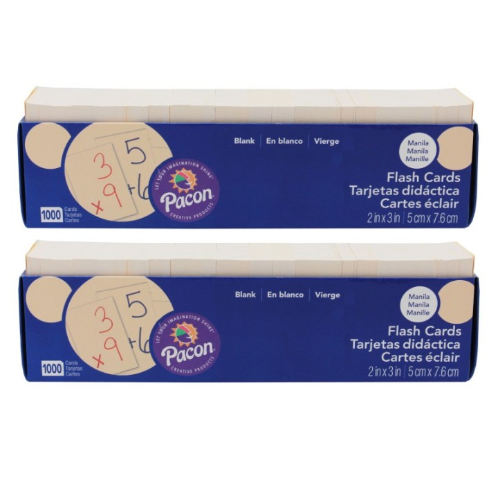 Pacon® Blank Flash Card Dispenser Box, Manila, Unruled 3" x 2", 1000 Cards Per Pack, 2 Packs