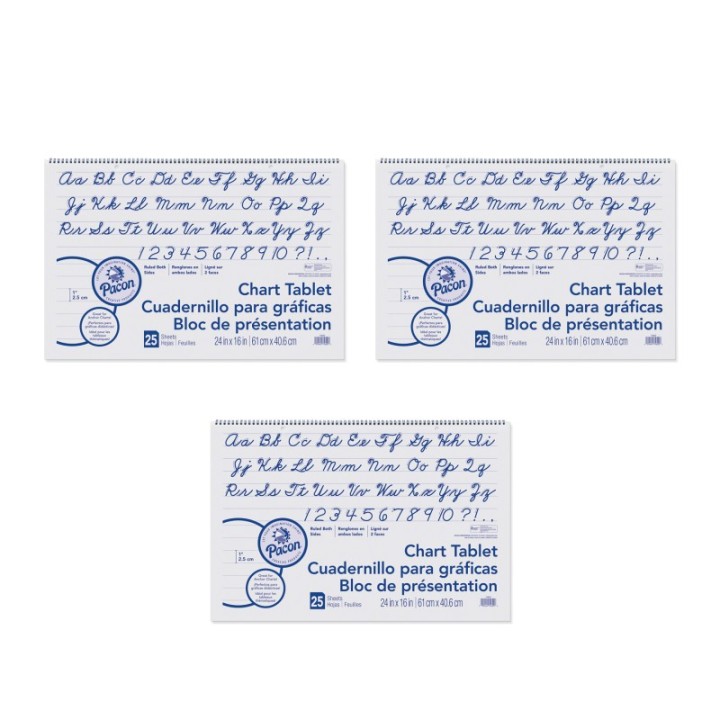 Pacon® Chart Tablet, Cursive Cover, 1" Ruled, 24" x 16", 25 Sheets Per Tablet, 3 Tablets