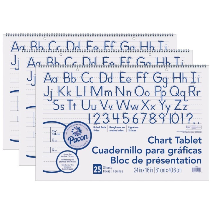 Pacon® Chart Tablet, Manuscript Cover, 1-1/2" Ruled, 24" x 16", 25 Sheets, Pack of 3