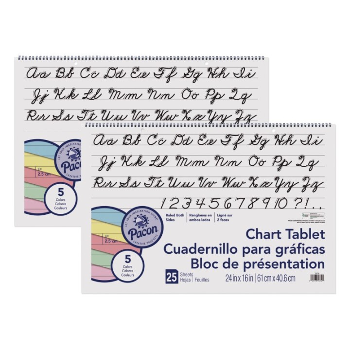 Pacon® Colored Paper Chart Tablet, Cursive Cover, 5 Assorted Colors, 1" Ruled, 24" x 16", 25 Sheets, Pack of 2
