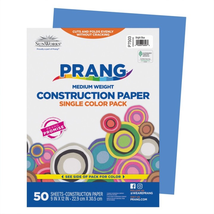 Prang® Construction Paper, Medium Weight, Bright Blue, 9" x 12", 50 Sheets