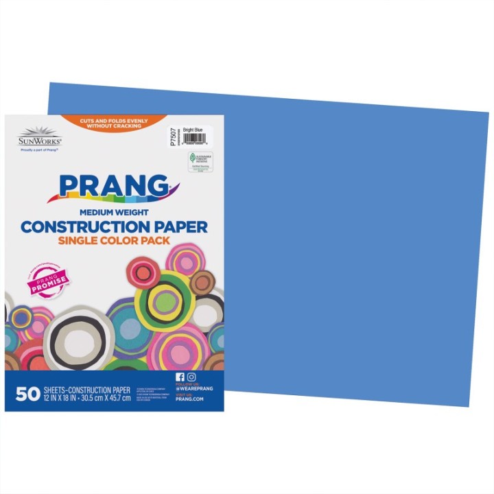 Prang® Construction Paper, Medium Weight, Bright Blue, 12" x 18", 50 Sheets