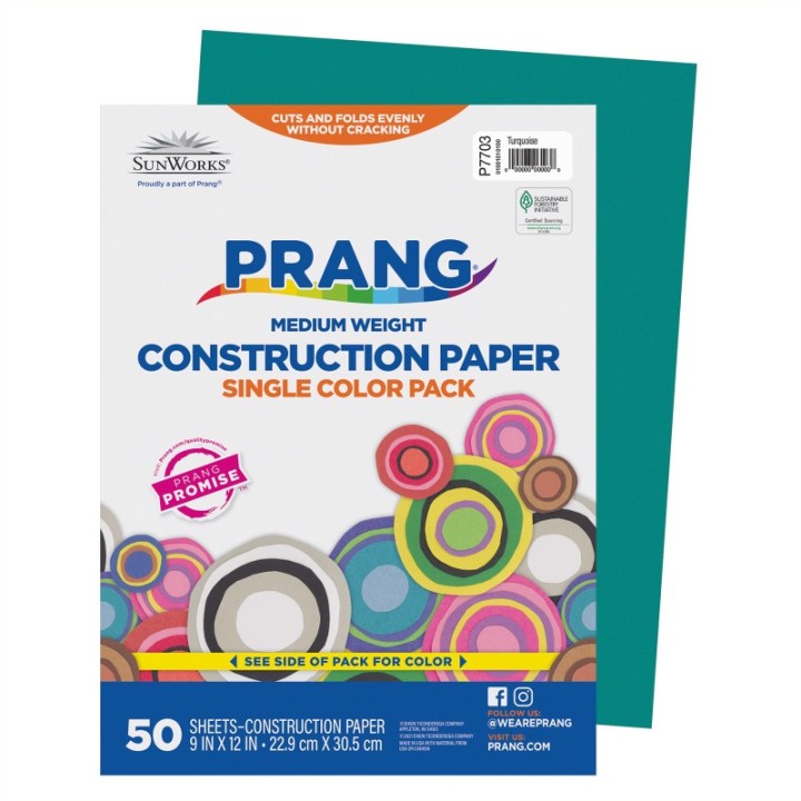 Prang® Construction Paper, Medium Weight, Turquoise, 9" x 12", 50 Sheets