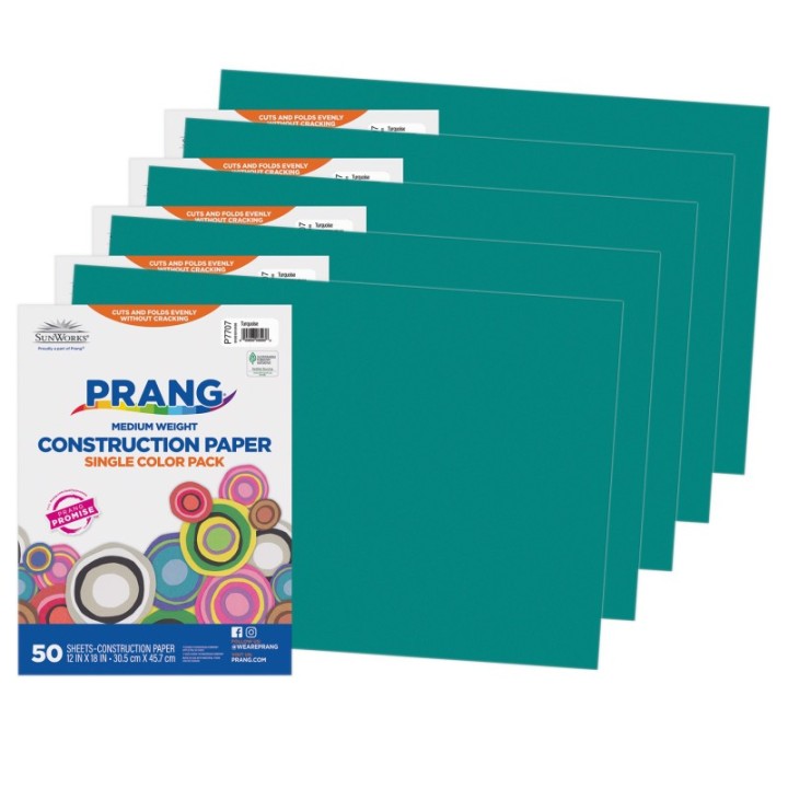 Prang® Construction Paper, Medium Weight, Turquoise, 12" x 18", 50 Sheets Per Pack, 5 Packs