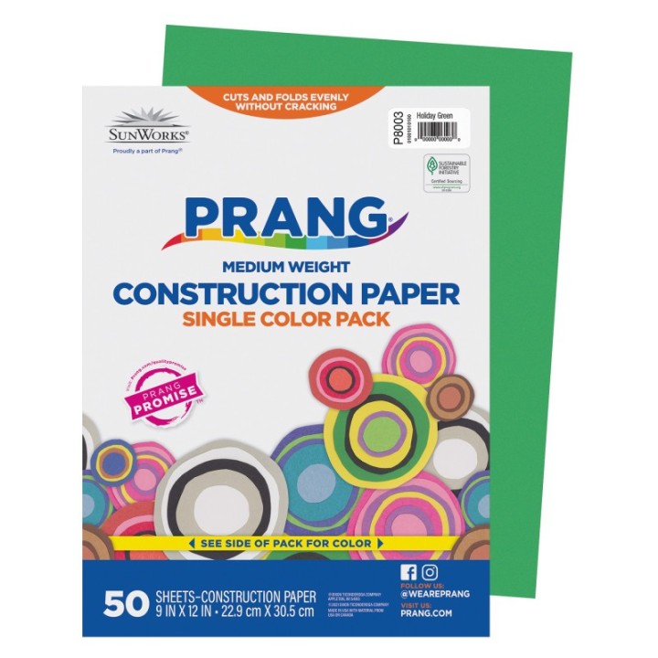Prang® Construction Paper, Medium Weight, Holiday Green, 9" x 12", 50 Sheets