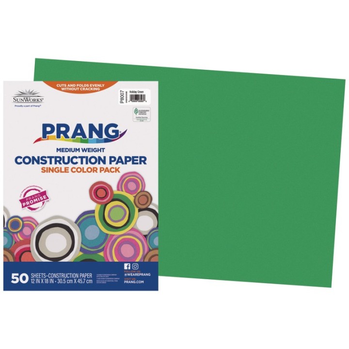 Prang® Construction Paper, Medium Weight, Holiday Green, 12" x 18", 50 Sheets