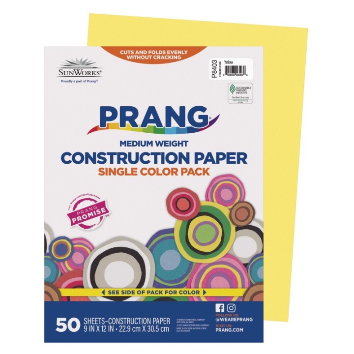 Prang® Construction Paper, Medium Weight, Yellow, 9" x 12", 50 Sheets