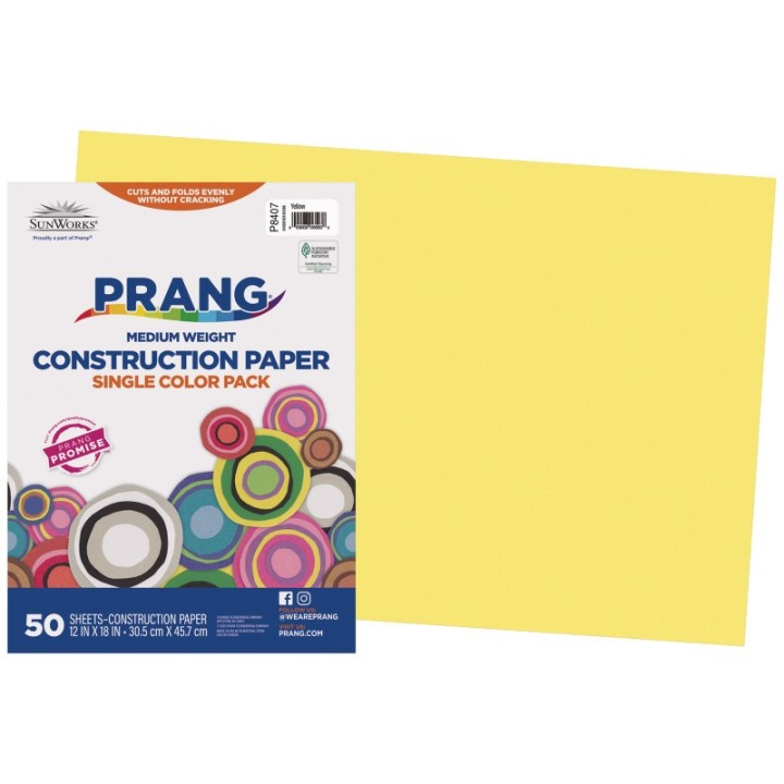 Prang® Construction Paper, Medium Weight, Yellow, 12" x 18", 50 Sheets