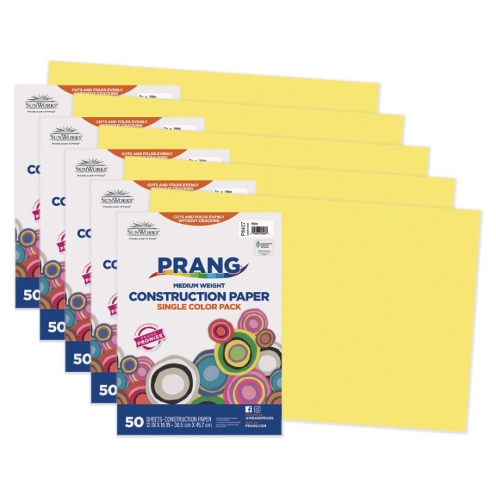 Prang® Construction Paper, Medium Weight, Yellow, 12" x 18", 50 Sheets Per Pack, 5 Packs
