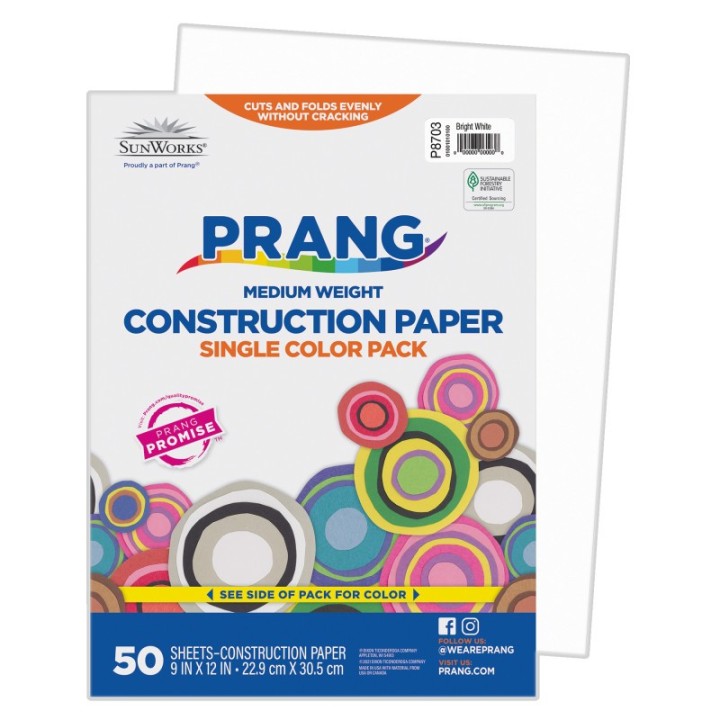 Prang® Construction Paper, Medium Weight, Bright White, 9" x 12", 50 Sheets