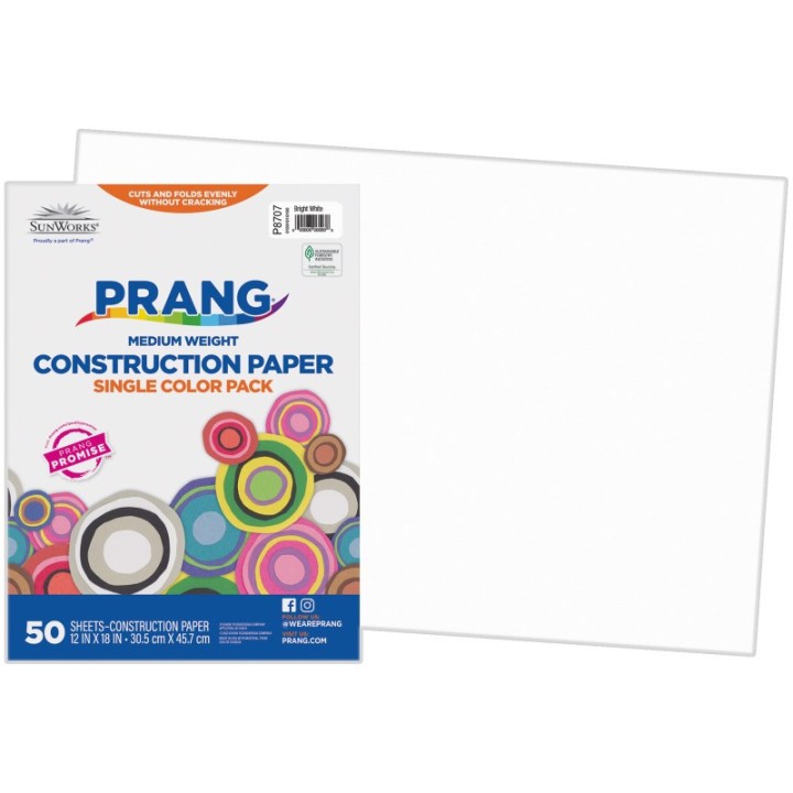 Prang® Construction Paper, Medium Weight, Bright White, 12" x 18", 50 Sheets