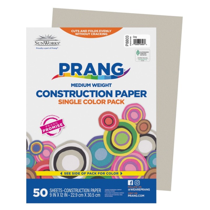 Prang® Construction Paper, Medium Weight, Gray, 9" x 12", 50 Sheets