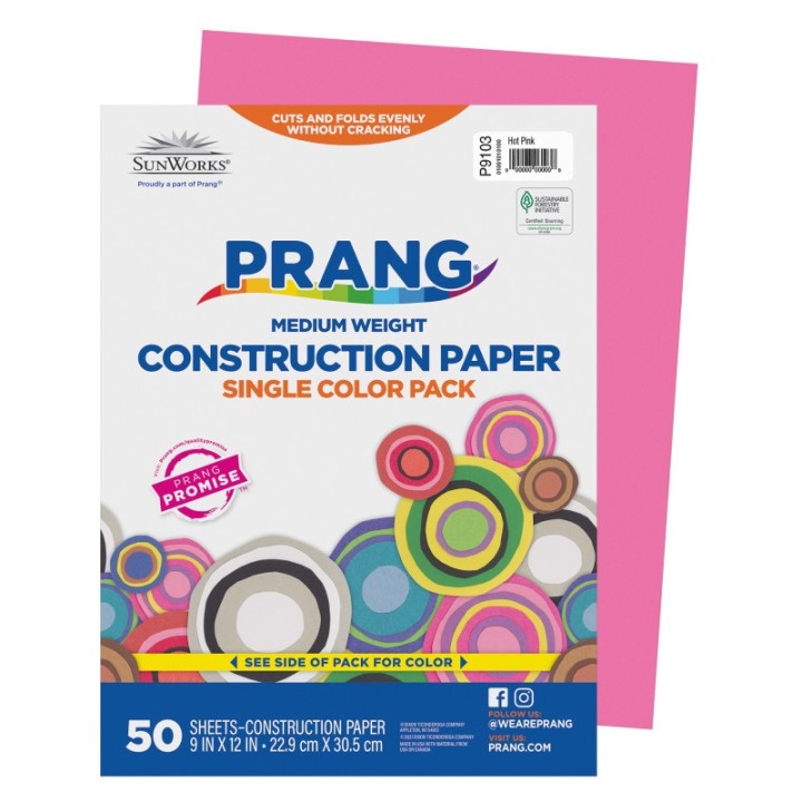 Prang® Construction Paper, Medium Weight, Hot Pink, 9" x 12", 50 Sheets