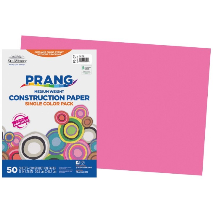 Prang® Construction Paper, Medium Weight, Hot Pink, 12" x 18", 50 Sheets