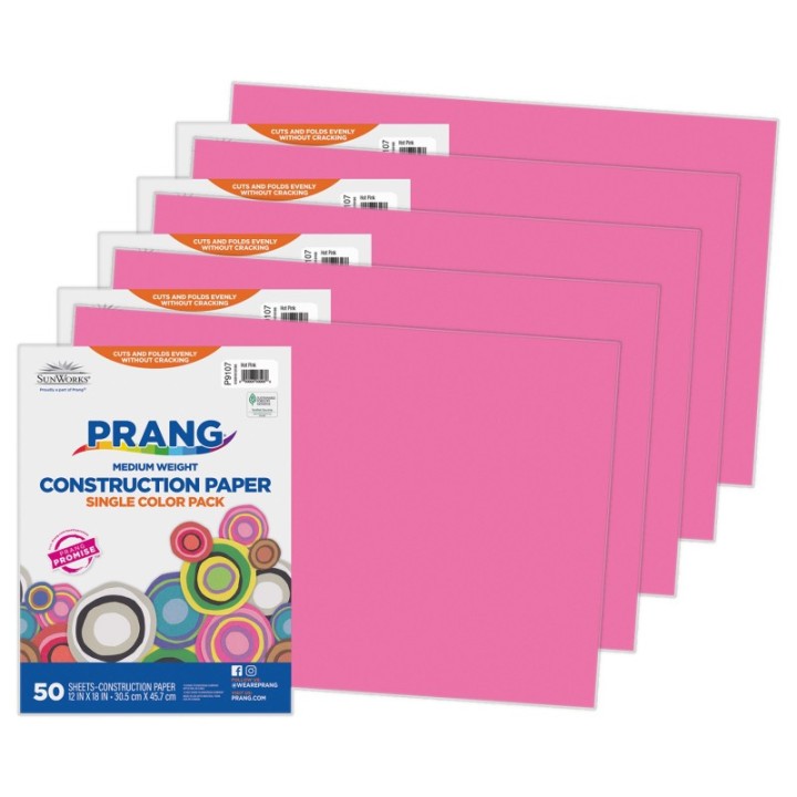 Prang® Construction Paper, Medium Weight, Hot Pink, 12" x 18", 50 Sheets Per Pack, 5 Packs