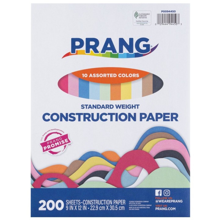 Prang® Construction Paper, Standard Weight, 10 Assorted Colors, 9" x 12", 200 Sheets