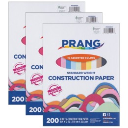 Prang® Construction Paper, Standard Weight, 10 Assorted Colors, 9" x 12", 200 Sheets Per Pack, 3 Packs
