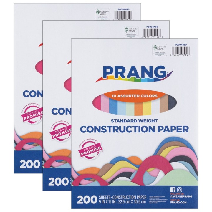 Prang® Construction Paper, Standard Weight, 10 Assorted Colors, 9" x 12", 200 Sheets Per Pack, 3 Packs