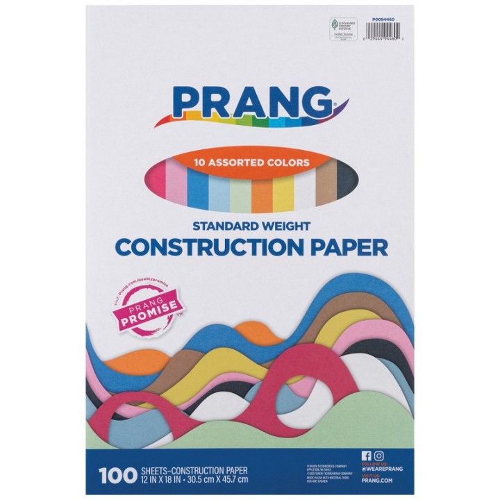 Prang® Construction Paper, Standard Weight, 10 Assorted Colors, 12" x 18", 100 Sheets