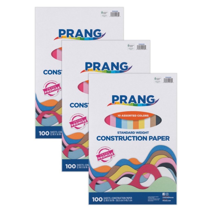 Prang® Construction Paper, Standard Weight, 10 Assorted Colors, 12" x 18", 100 Sheets Per Pack, 3 Packs