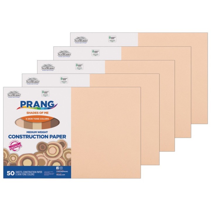 Prang® Shades of Me Construction Paper, Medium Weight, 5 Assorted Skin Tone Colors, 12" x 18", 50 Sheets Per Pack, 5 Packs
