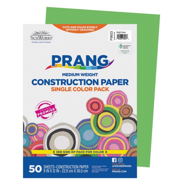 Prang® Construction Paper, Medium Weight, Bright Green, 9" x 12", 50 Sheets