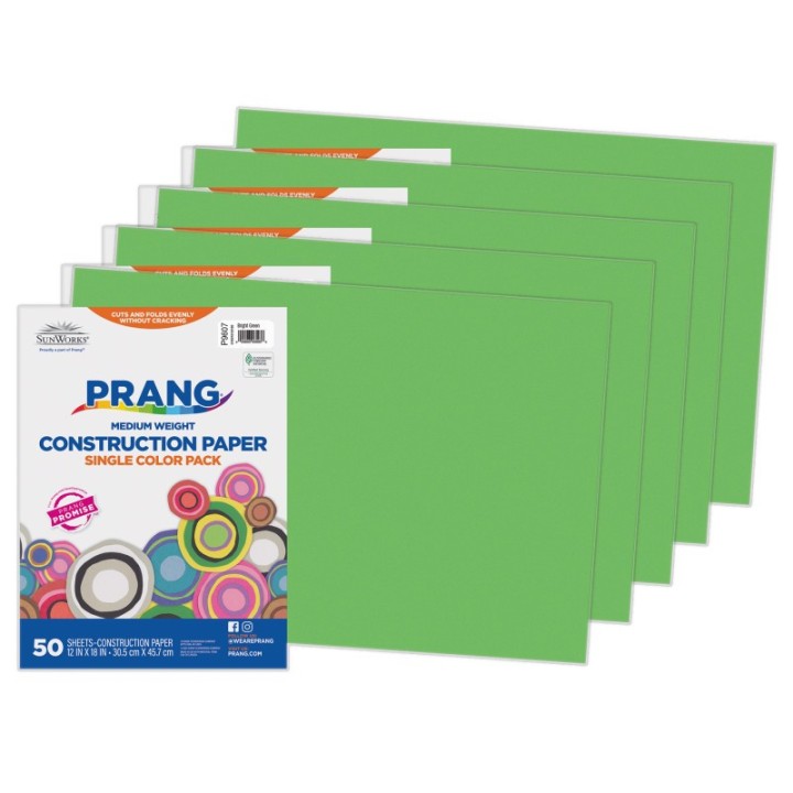 Prang® Construction Paper, Medium Weight, Bright Green, 12" x 18", 50 Sheets Per Pack, 5 Packs