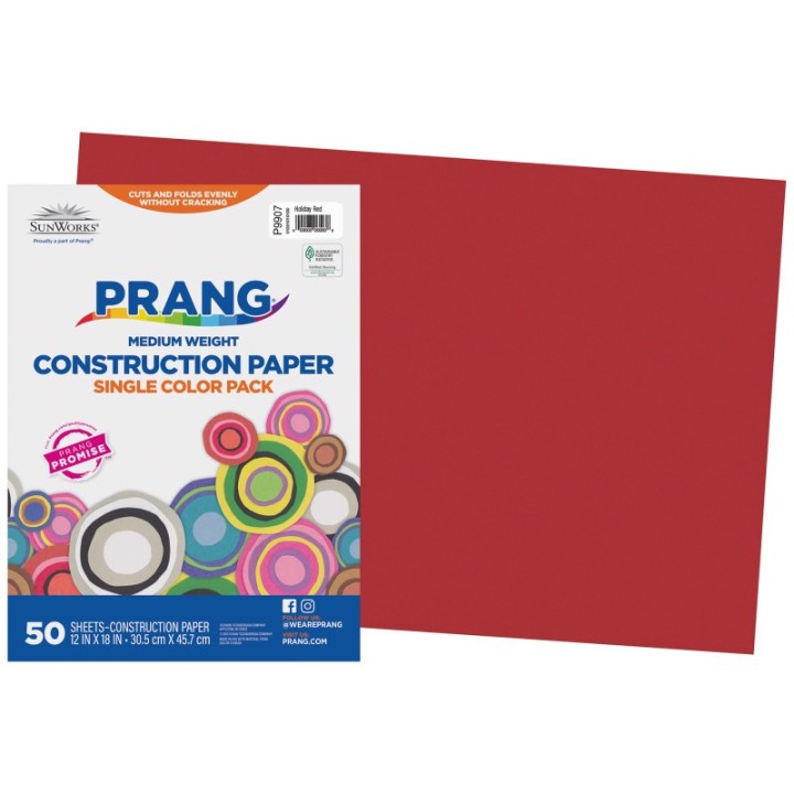 Prang® Construction Paper, Medium Weight, Holiday Red, 12" x 18", 50 Sheets