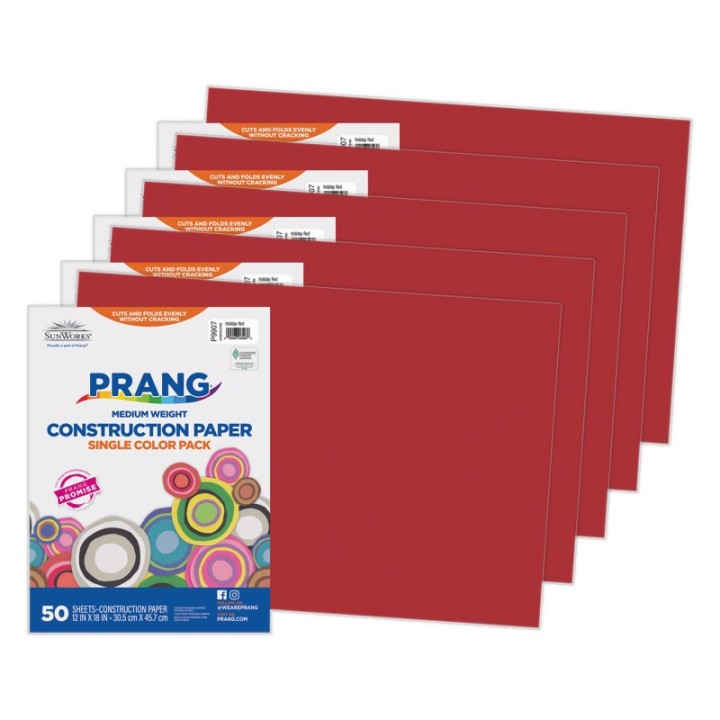 Prang® Construction Paper, Medium Weight, Holiday Red, 12" x 18", 50 Sheets Per Pack, 5 Packs