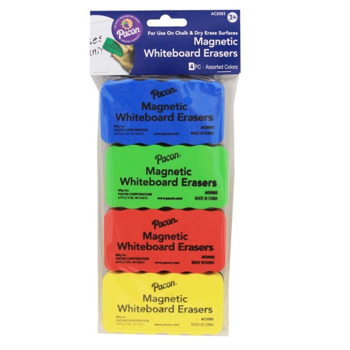 Pacon® Magnetic Chalk & Whiteboard Eraser, 4 Assorted Colors, 2-1/4" x 4-1/4", 4 Erasers