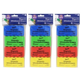 Pacon® Magnetic Chalk & Whiteboard Eraser, 4 Assorted Colors, 2.25" x 4.25", 4 Erasers Per Pack, 3 Packs